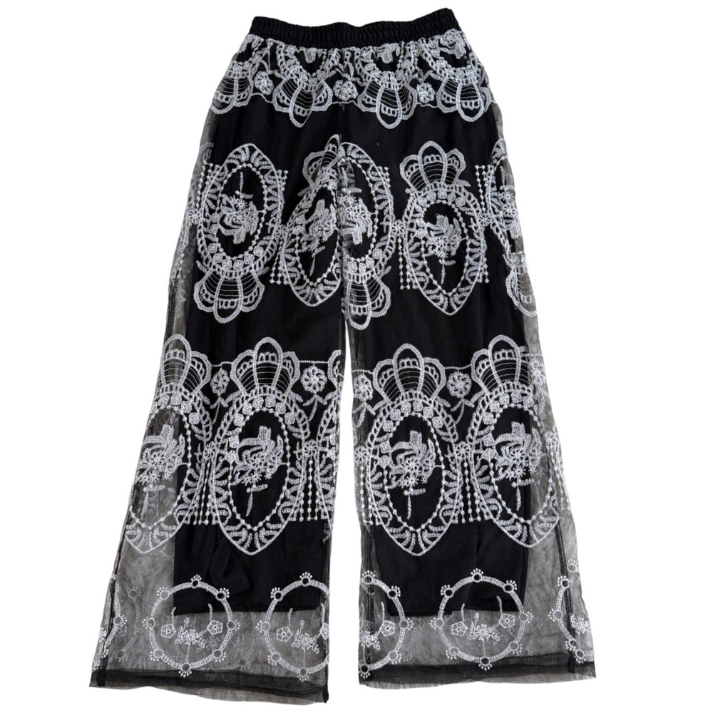 LIV Los Angeles Black White Tulle Embroidered Palazzo Festival Boho Pants Medium